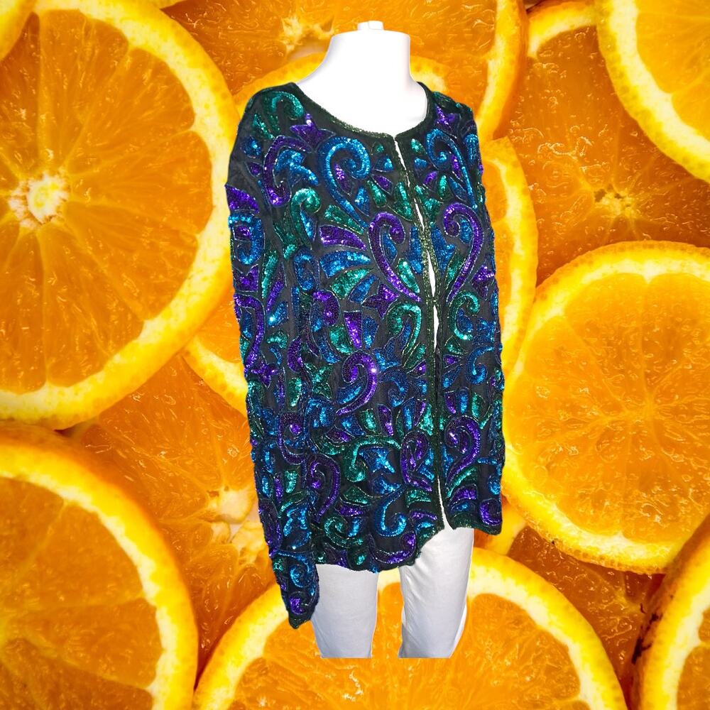 Laurence Kazar New York Women's Floral Sequin Silk Long Sleeve Blouse Size L